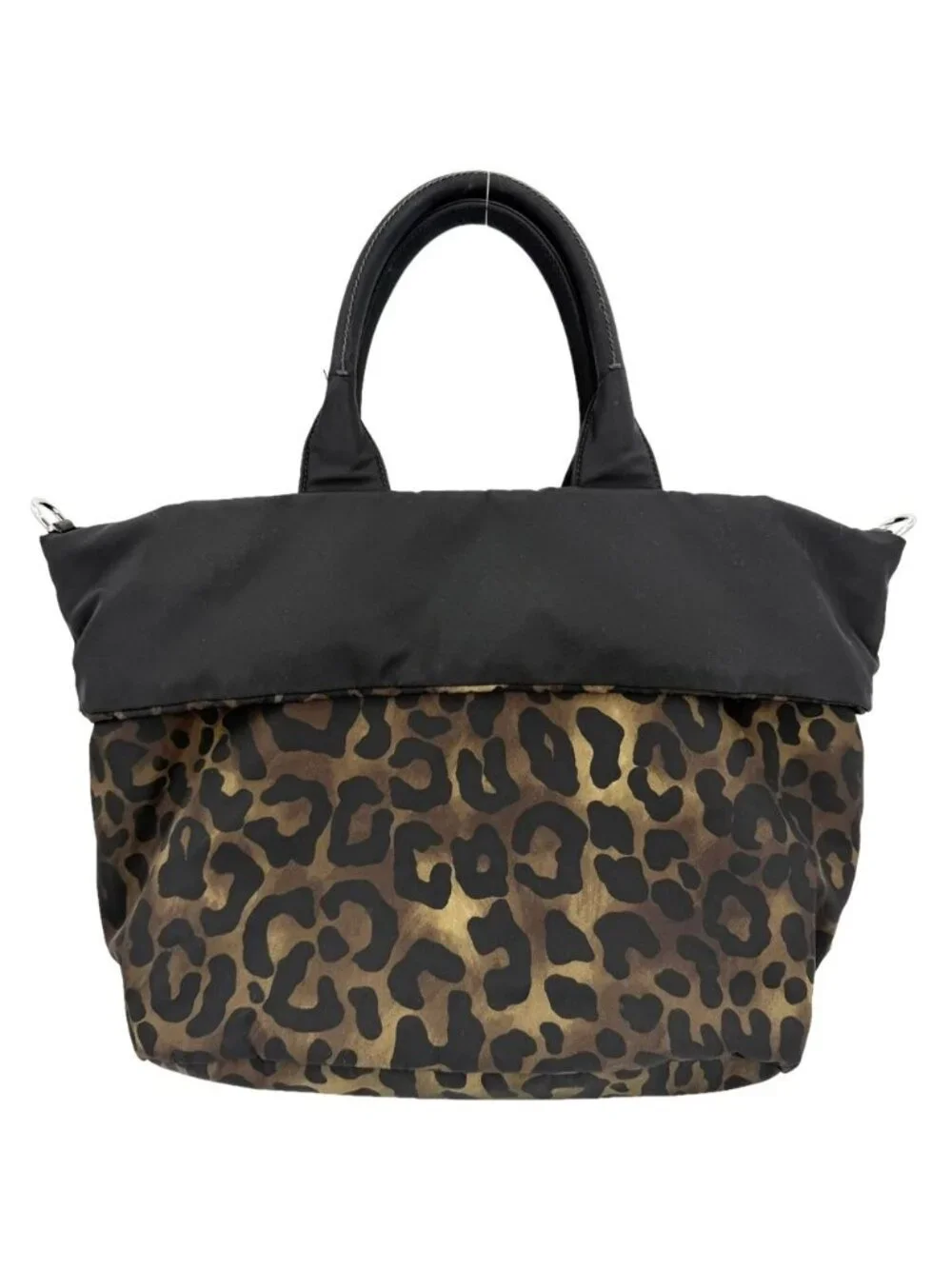 Prada 2-Way Leopard Print Hand Shoulder Crossbody Tote Bag Nylon Black Khaki
